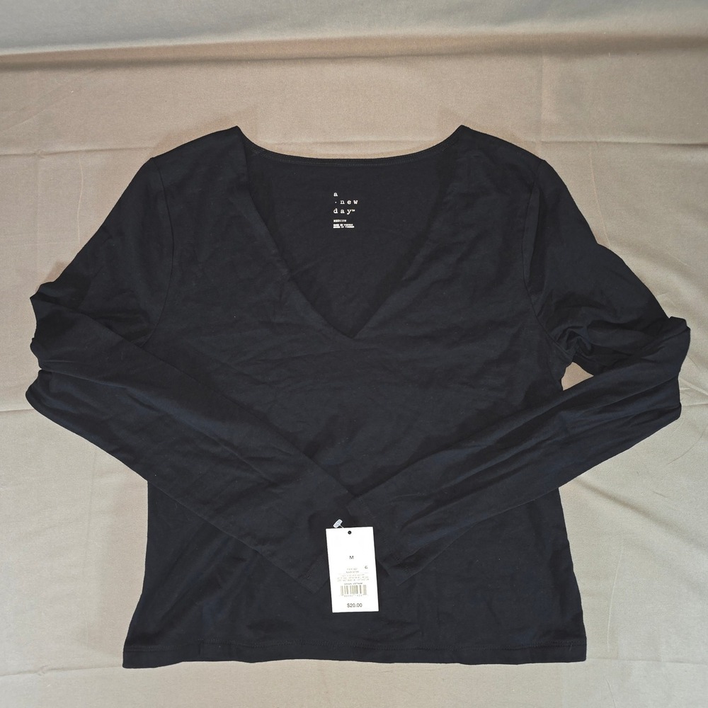 A New Day Womens Black Long Sleeve V-Neck T-Shirt Size M G97990